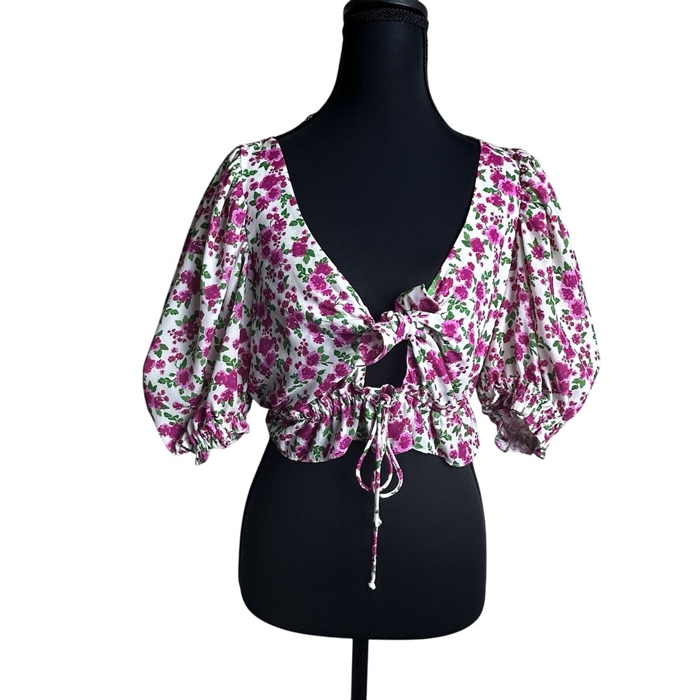 For Love &‎ Lemons Womens S Crop Top Floral Puff Sleeve Smocked Hem Cottagecore